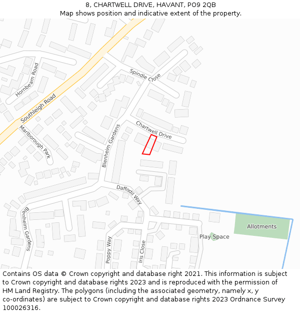 8, CHARTWELL DRIVE, HAVANT, PO9 2QB: Location map and indicative extent of plot