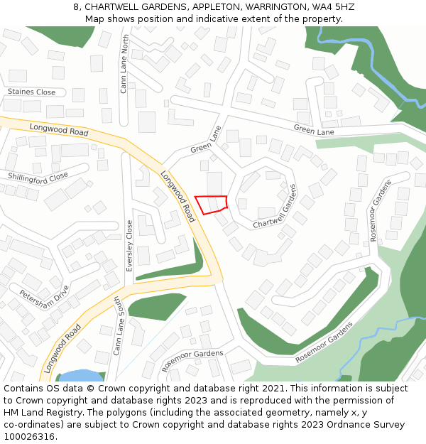 8, CHARTWELL GARDENS, APPLETON, WARRINGTON, WA4 5HZ: Location map and indicative extent of plot