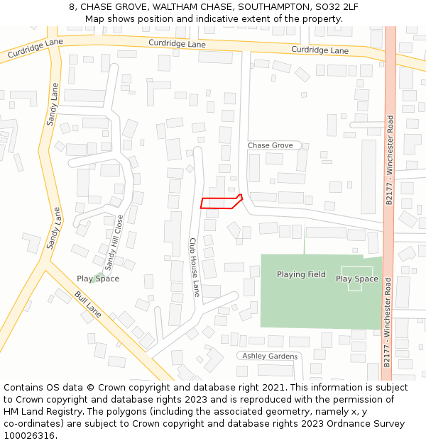 8, CHASE GROVE, WALTHAM CHASE, SOUTHAMPTON, SO32 2LF: Location map and indicative extent of plot