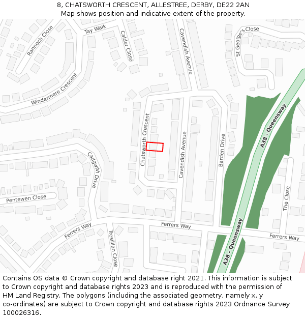 8, CHATSWORTH CRESCENT, ALLESTREE, DERBY, DE22 2AN: Location map and indicative extent of plot
