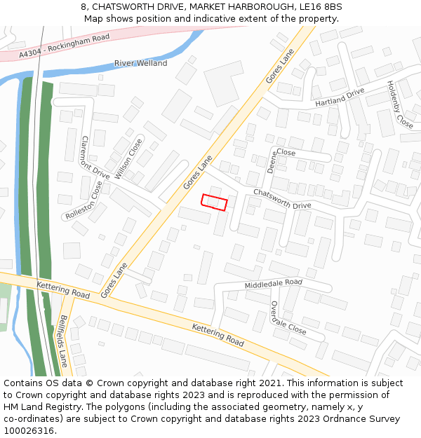 8, CHATSWORTH DRIVE, MARKET HARBOROUGH, LE16 8BS: Location map and indicative extent of plot
