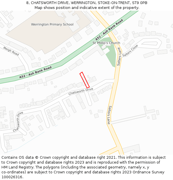8, CHATSWORTH DRIVE, WERRINGTON, STOKE-ON-TRENT, ST9 0PB: Location map and indicative extent of plot
