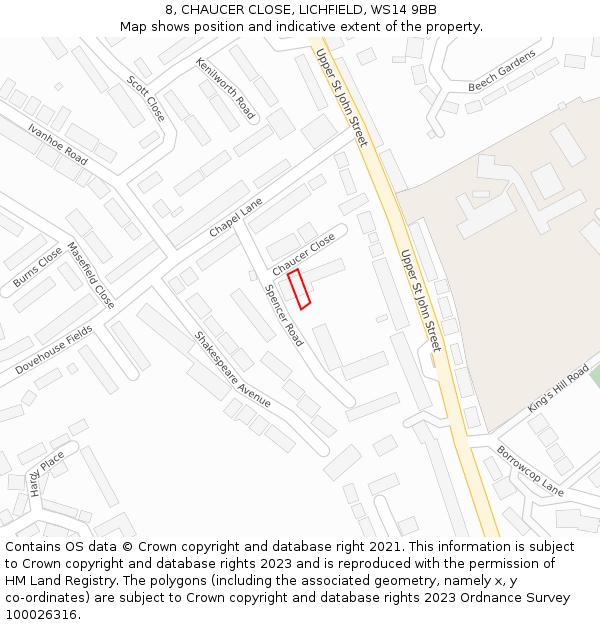 8, CHAUCER CLOSE, LICHFIELD, WS14 9BB: Location map and indicative extent of plot