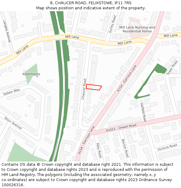 8, CHAUCER ROAD, FELIXSTOWE, IP11 7RS: Location map and indicative extent of plot