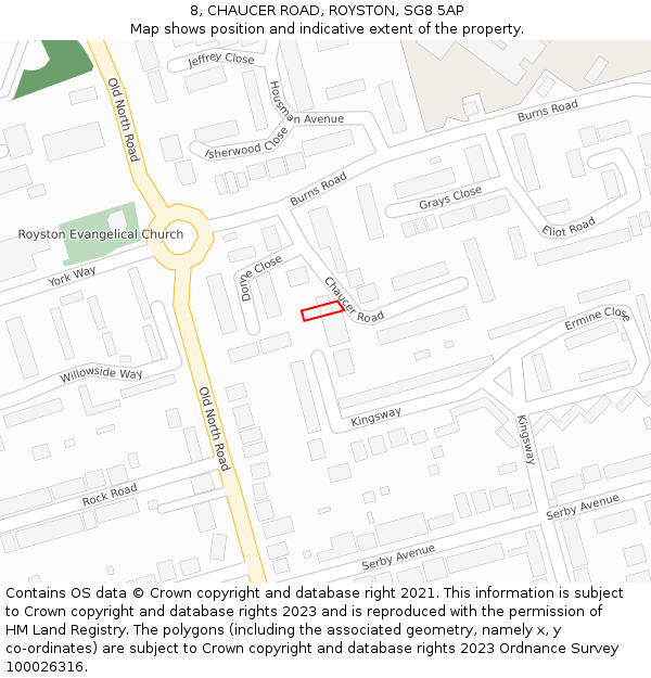 8, CHAUCER ROAD, ROYSTON, SG8 5AP: Location map and indicative extent of plot