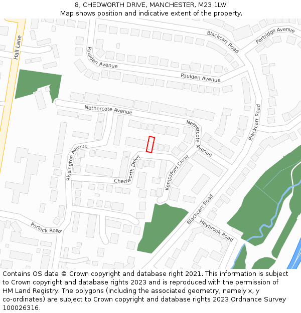 8, CHEDWORTH DRIVE, MANCHESTER, M23 1LW: Location map and indicative extent of plot