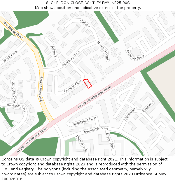 8, CHELDON CLOSE, WHITLEY BAY, NE25 9XS: Location map and indicative extent of plot