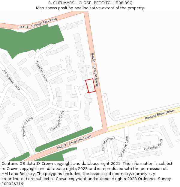 8, CHELMARSH CLOSE, REDDITCH, B98 8SQ: Location map and indicative extent of plot