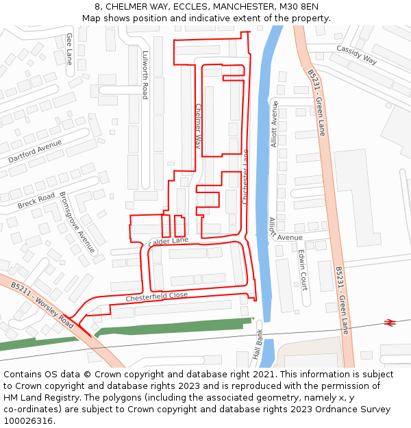 8, CHELMER WAY, ECCLES, MANCHESTER, M30 8EN: Location map and indicative extent of plot