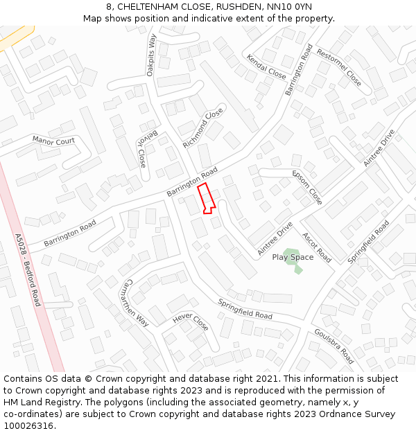 8, CHELTENHAM CLOSE, RUSHDEN, NN10 0YN: Location map and indicative extent of plot