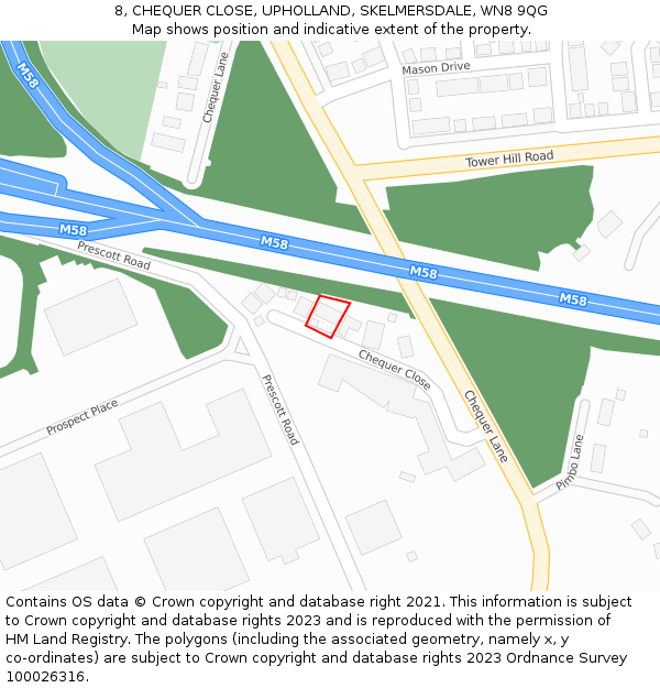 8, CHEQUER CLOSE, UPHOLLAND, SKELMERSDALE, WN8 9QG: Location map and indicative extent of plot