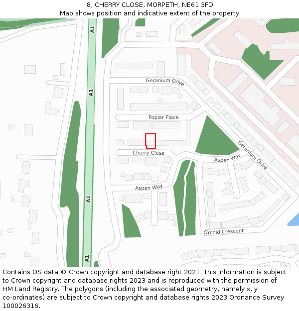 8, CHERRY CLOSE, MORPETH, NE61 3FD: Location map and indicative extent of plot