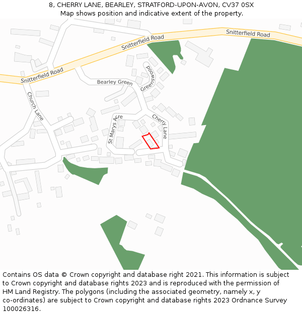 8, CHERRY LANE, BEARLEY, STRATFORD-UPON-AVON, CV37 0SX: Location map and indicative extent of plot