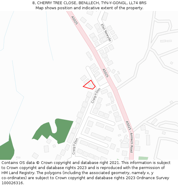 8, CHERRY TREE CLOSE, BENLLECH, TYN-Y-GONGL, LL74 8RS: Location map and indicative extent of plot