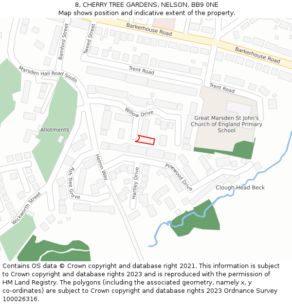 8, CHERRY TREE GARDENS, NELSON, BB9 0NE: Location map and indicative extent of plot