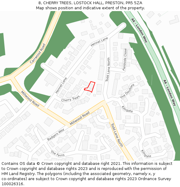 8, CHERRY TREES, LOSTOCK HALL, PRESTON, PR5 5ZA: Location map and indicative extent of plot