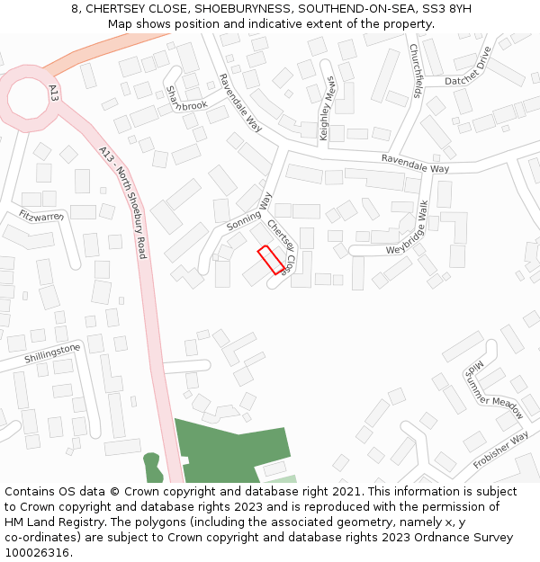 8, CHERTSEY CLOSE, SHOEBURYNESS, SOUTHEND-ON-SEA, SS3 8YH: Location map and indicative extent of plot