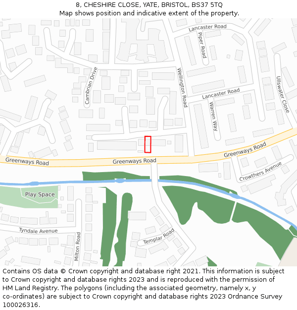 8, CHESHIRE CLOSE, YATE, BRISTOL, BS37 5TQ: Location map and indicative extent of plot