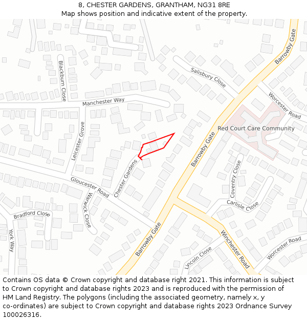 8, CHESTER GARDENS, GRANTHAM, NG31 8RE: Location map and indicative extent of plot