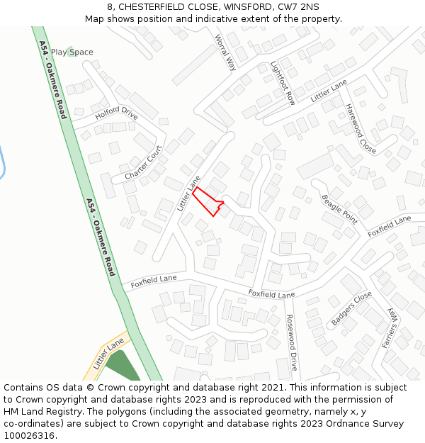 8, CHESTERFIELD CLOSE, WINSFORD, CW7 2NS: Location map and indicative extent of plot