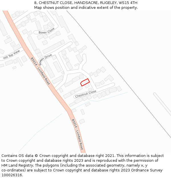 8, CHESTNUT CLOSE, HANDSACRE, RUGELEY, WS15 4TH: Location map and indicative extent of plot