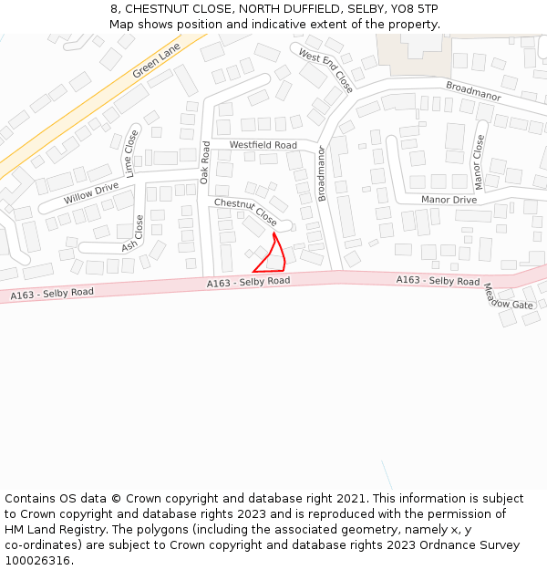 8, CHESTNUT CLOSE, NORTH DUFFIELD, SELBY, YO8 5TP: Location map and indicative extent of plot