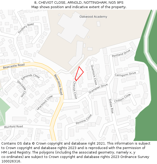 8, CHEVIOT CLOSE, ARNOLD, NOTTINGHAM, NG5 9PS: Location map and indicative extent of plot