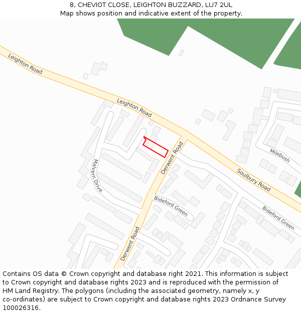 8, CHEVIOT CLOSE, LEIGHTON BUZZARD, LU7 2UL: Location map and indicative extent of plot