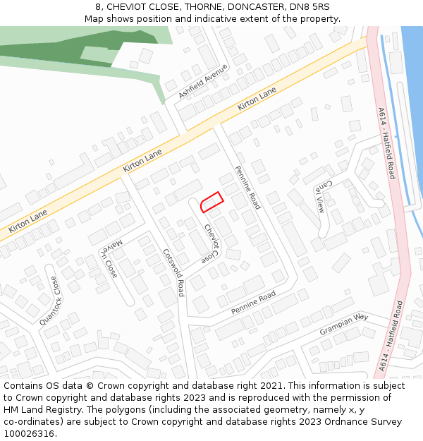 8, CHEVIOT CLOSE, THORNE, DONCASTER, DN8 5RS: Location map and indicative extent of plot