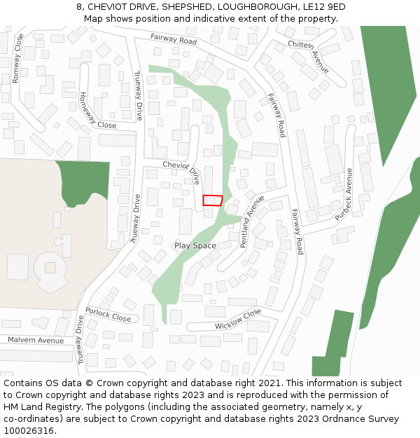 8, CHEVIOT DRIVE, SHEPSHED, LOUGHBOROUGH, LE12 9ED: Location map and indicative extent of plot