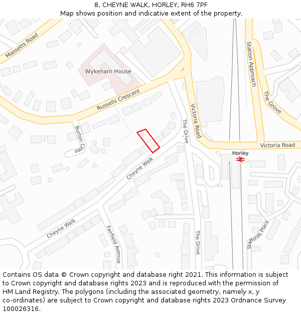 8, CHEYNE WALK, HORLEY, RH6 7PF: Location map and indicative extent of plot