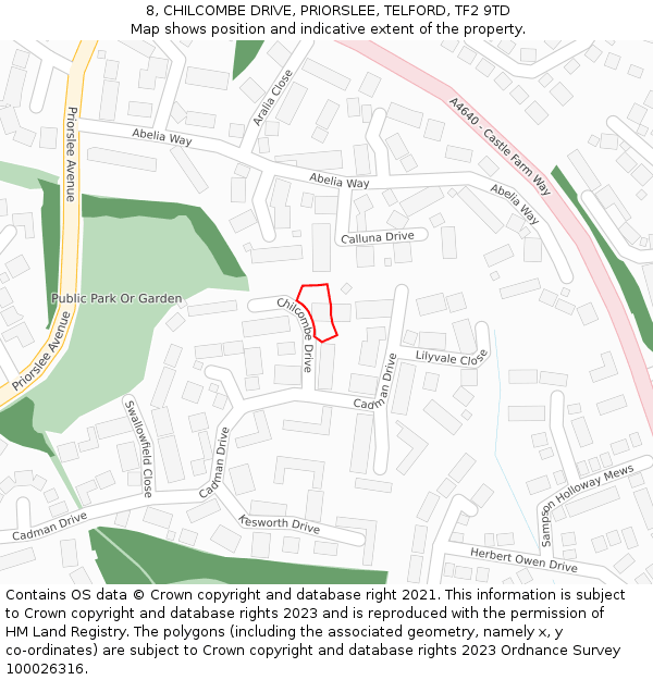 8, CHILCOMBE DRIVE, PRIORSLEE, TELFORD, TF2 9TD: Location map and indicative extent of plot