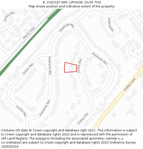 8, CHILTLEY WAY, LIPHOOK, GU30 7HQ: Location map and indicative extent of plot