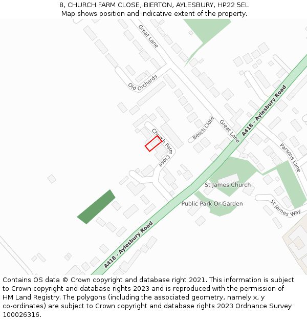 8, CHURCH FARM CLOSE, BIERTON, AYLESBURY, HP22 5EL: Location map and indicative extent of plot