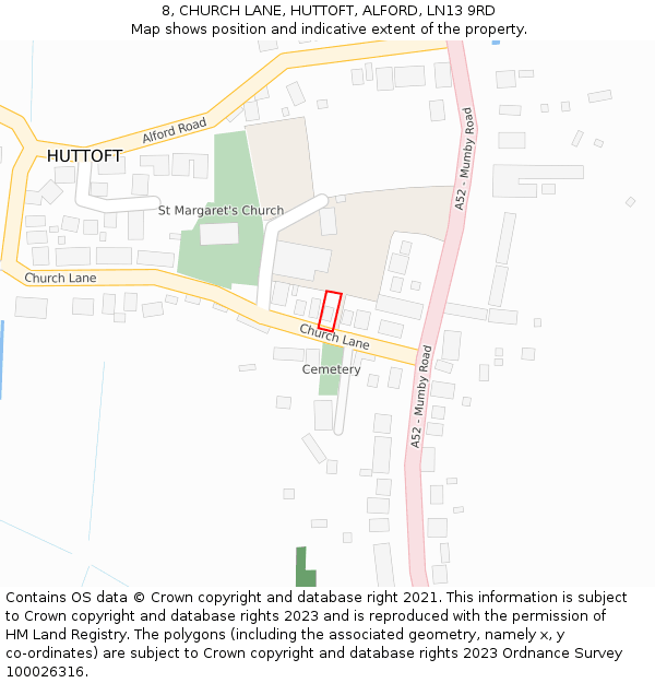 8, CHURCH LANE, HUTTOFT, ALFORD, LN13 9RD: Location map and indicative extent of plot