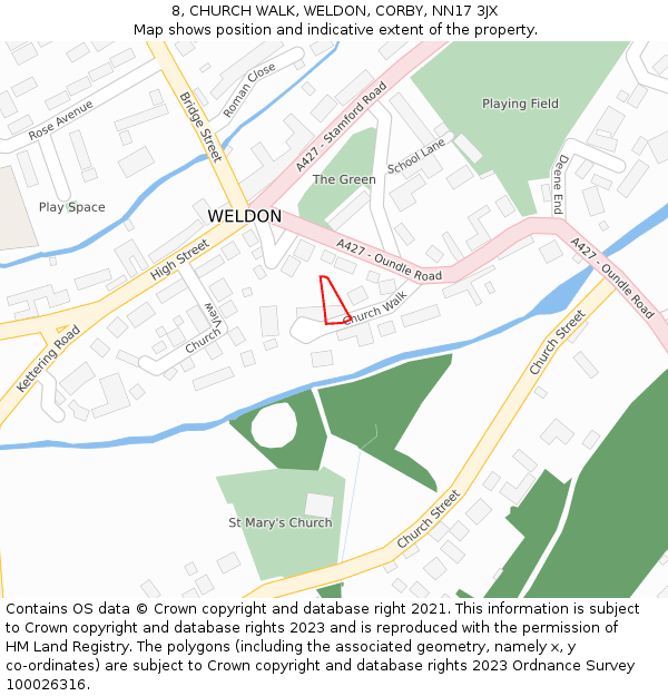 8, CHURCH WALK, WELDON, CORBY, NN17 3JX: Location map and indicative extent of plot