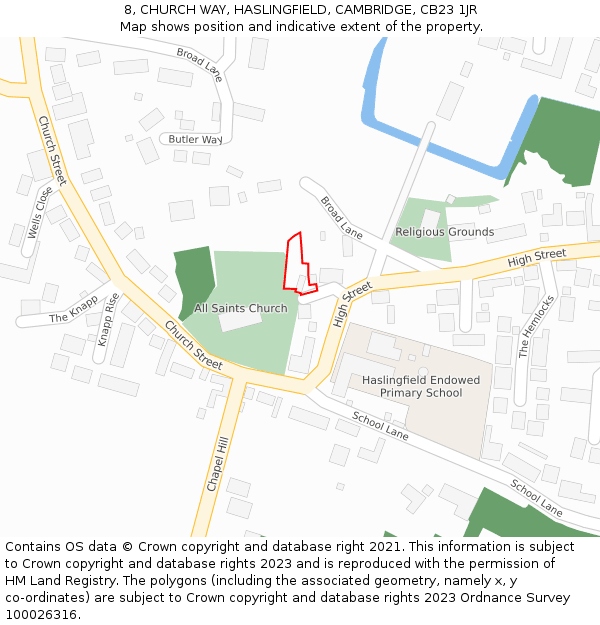 8, CHURCH WAY, HASLINGFIELD, CAMBRIDGE, CB23 1JR: Location map and indicative extent of plot