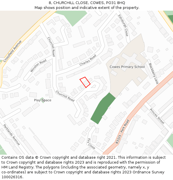 8, CHURCHILL CLOSE, COWES, PO31 8HQ: Location map and indicative extent of plot