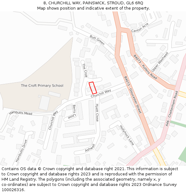 8, CHURCHILL WAY, PAINSWICK, STROUD, GL6 6RQ: Location map and indicative extent of plot