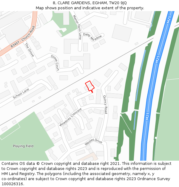 8, CLARE GARDENS, EGHAM, TW20 9JQ: Location map and indicative extent of plot