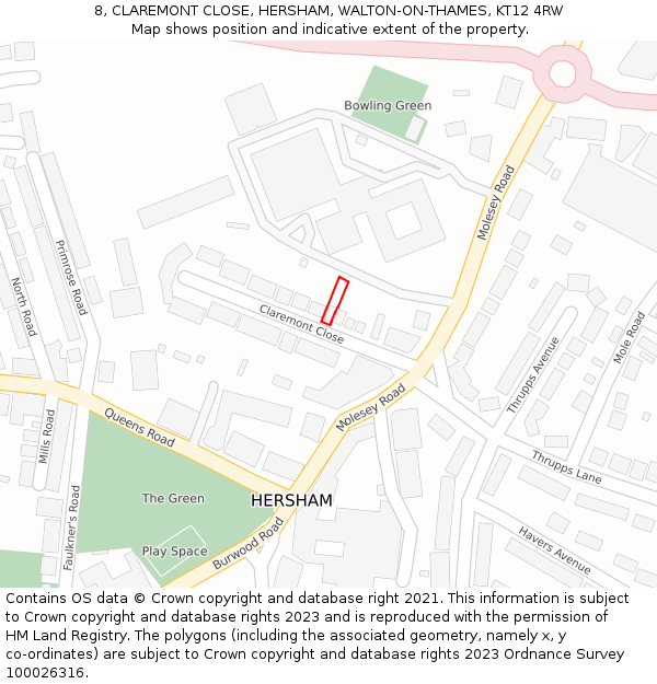 8, CLAREMONT CLOSE, HERSHAM, WALTON-ON-THAMES, KT12 4RW: Location map and indicative extent of plot