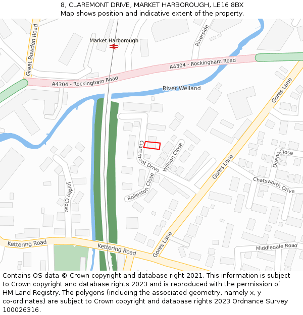8, CLAREMONT DRIVE, MARKET HARBOROUGH, LE16 8BX: Location map and indicative extent of plot
