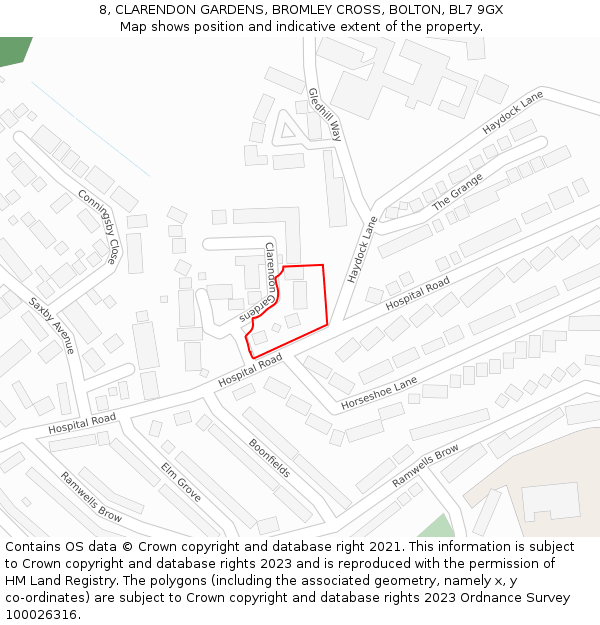 8, CLARENDON GARDENS, BROMLEY CROSS, BOLTON, BL7 9GX: Location map and indicative extent of plot