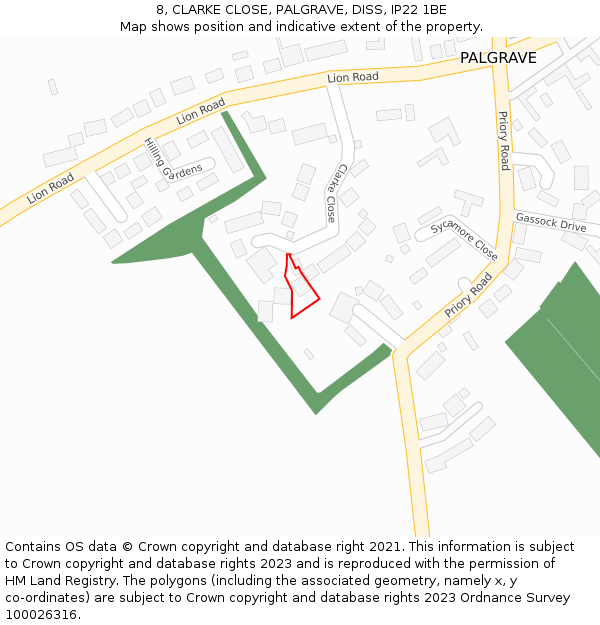 8, CLARKE CLOSE, PALGRAVE, DISS, IP22 1BE: Location map and indicative extent of plot