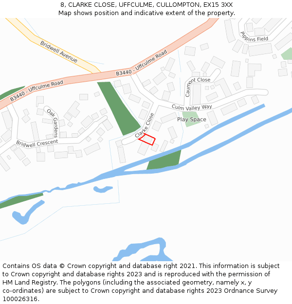 8, CLARKE CLOSE, UFFCULME, CULLOMPTON, EX15 3XX: Location map and indicative extent of plot