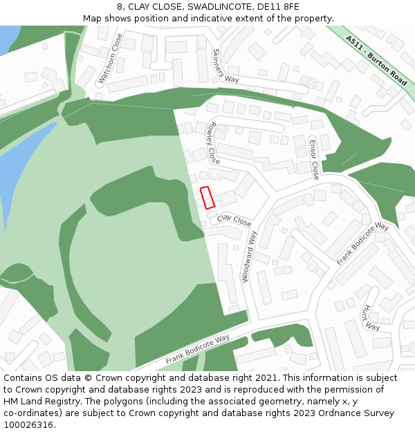8, CLAY CLOSE, SWADLINCOTE, DE11 8FE: Location map and indicative extent of plot
