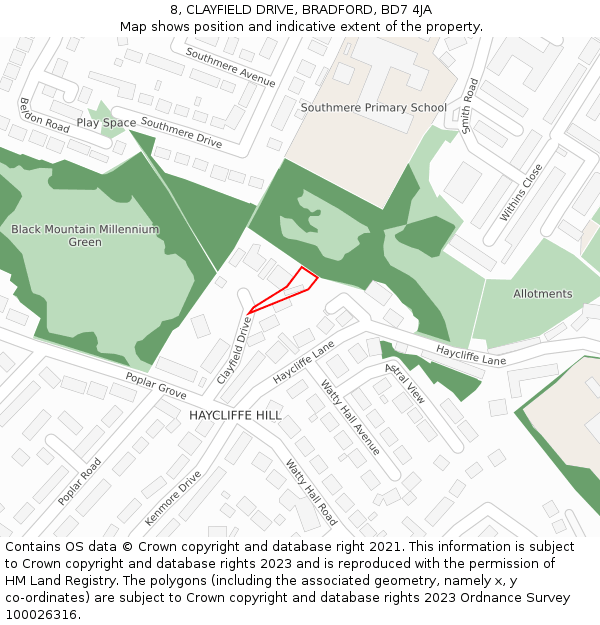 8, CLAYFIELD DRIVE, BRADFORD, BD7 4JA: Location map and indicative extent of plot