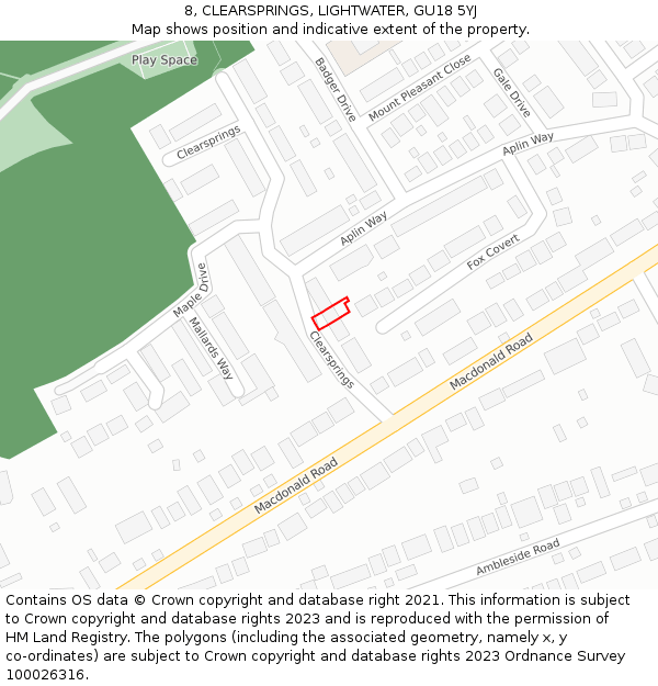 8, CLEARSPRINGS, LIGHTWATER, GU18 5YJ: Location map and indicative extent of plot