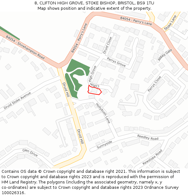 8, CLIFTON HIGH GROVE, STOKE BISHOP, BRISTOL, BS9 1TU: Location map and indicative extent of plot