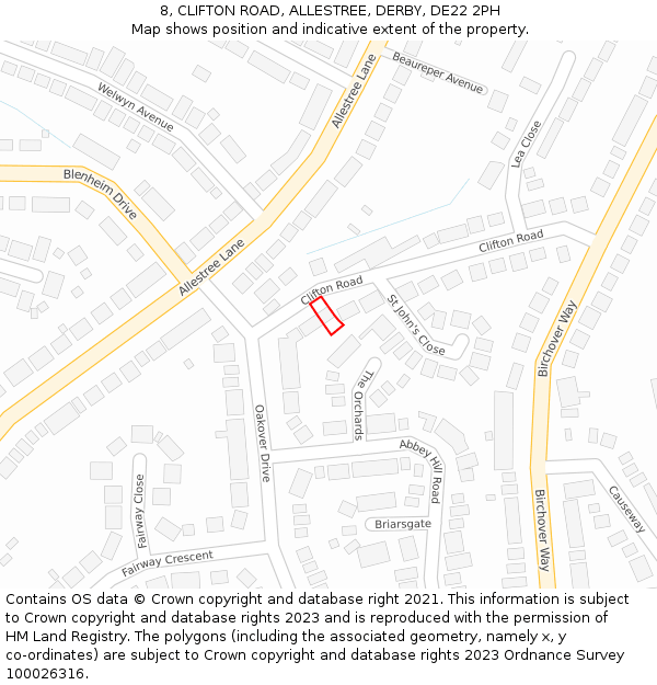 8, CLIFTON ROAD, ALLESTREE, DERBY, DE22 2PH: Location map and indicative extent of plot